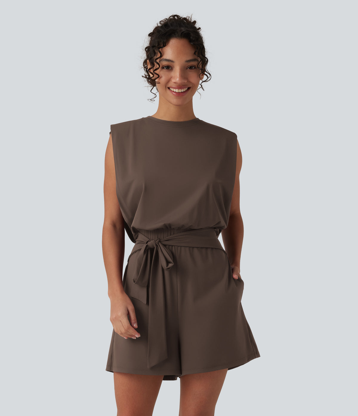 Round Neck Sleeveless Tie-front Cool Touch Casual Romper with Pockets-Easy Peezy-UPF50+