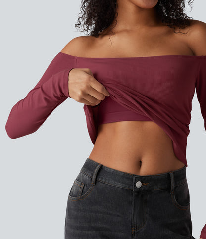 Ribbed Knit Off Shoulder Long Sleeve 2-in-1 Casual Top