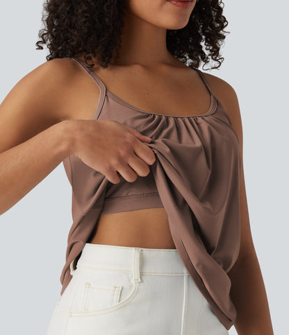 Adjustable Straps Ruched 2-in-1 Built-in Bra Casual Cami Top