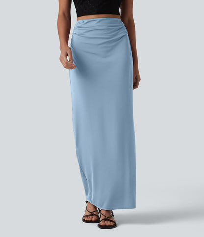 High Waisted Ruched Stretchy Satin-Like InstantCool Maxi Casual Pencil Skirt
