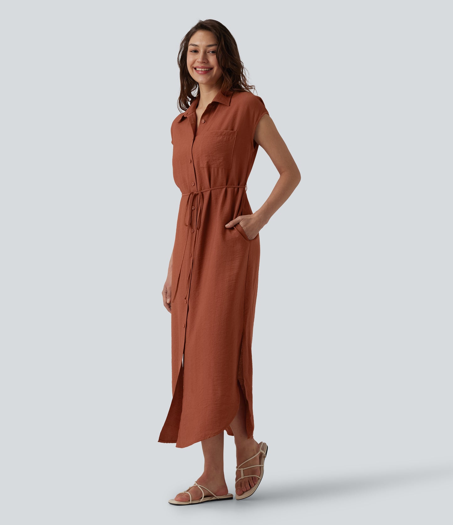 Collar Cap Sleeve Belted Curved Split Hem Midi Casual Shirt Dress with Pockets