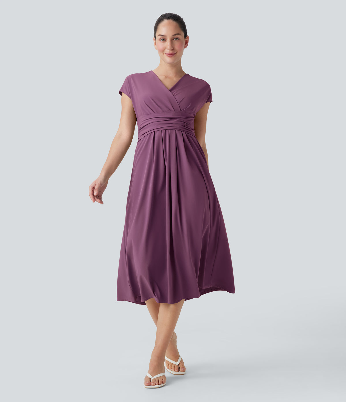 Breezeful™ V Neck Short Sleeve Pocket Tie Back Quick Dry Midi Casual Dress
