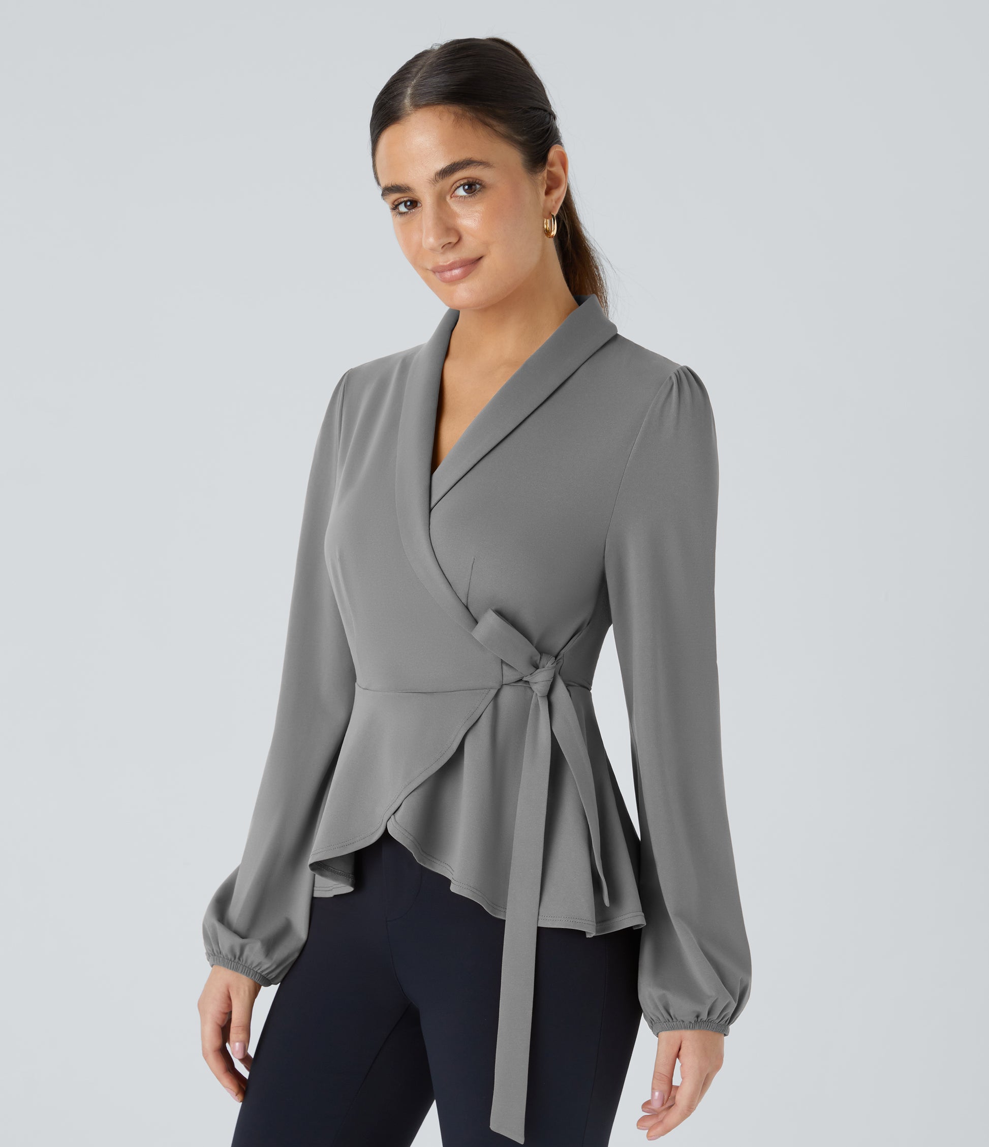 Shawl Collar Wrapped Tie Side Ruffle Hem Work Blouse
