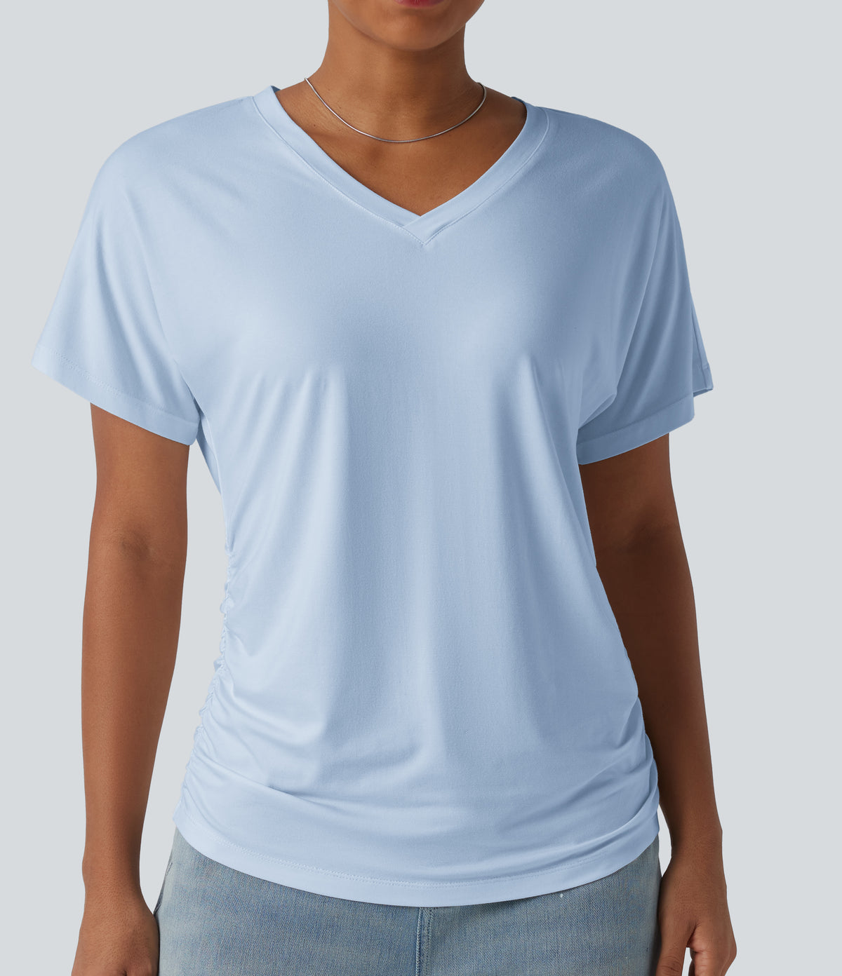 V-neck Short Sleeve Ruched Plain Casual T-Shirt