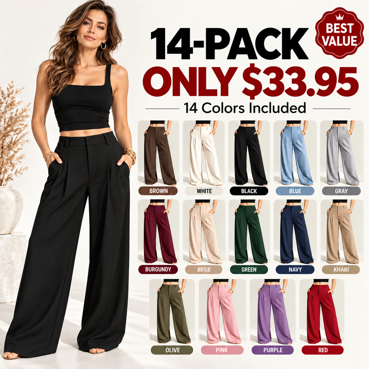 [LAST DAY SALE]Women’s High-Waist Wide-Leg Pants with Free Belt