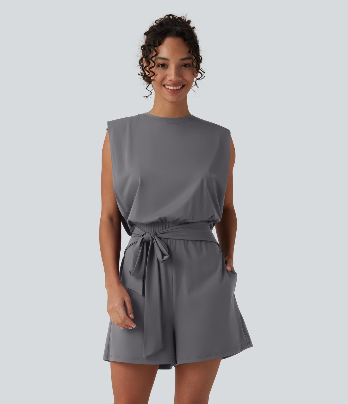 Round Neck Sleeveless Tie-front Cool Touch Casual Romper with Pockets-Easy Peezy-UPF50+