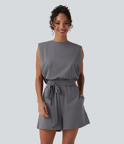 Round Neck Sleeveless Tie-front Cool Touch Casual Romper with Pockets-Easy Peezy-UPF50+