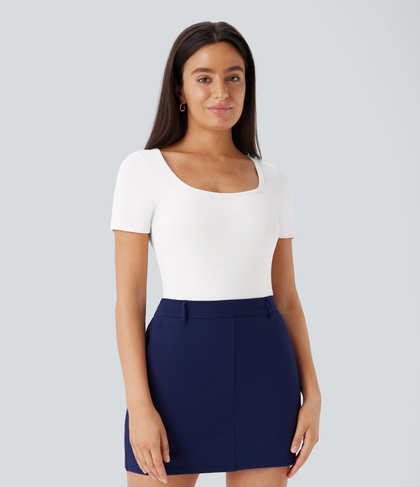 U Neck Short Sleeve Snap Skinny Work Bodysuit
