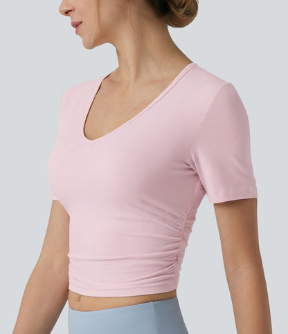 V Neck Short Sleeve Cropped Casual T-Shirt