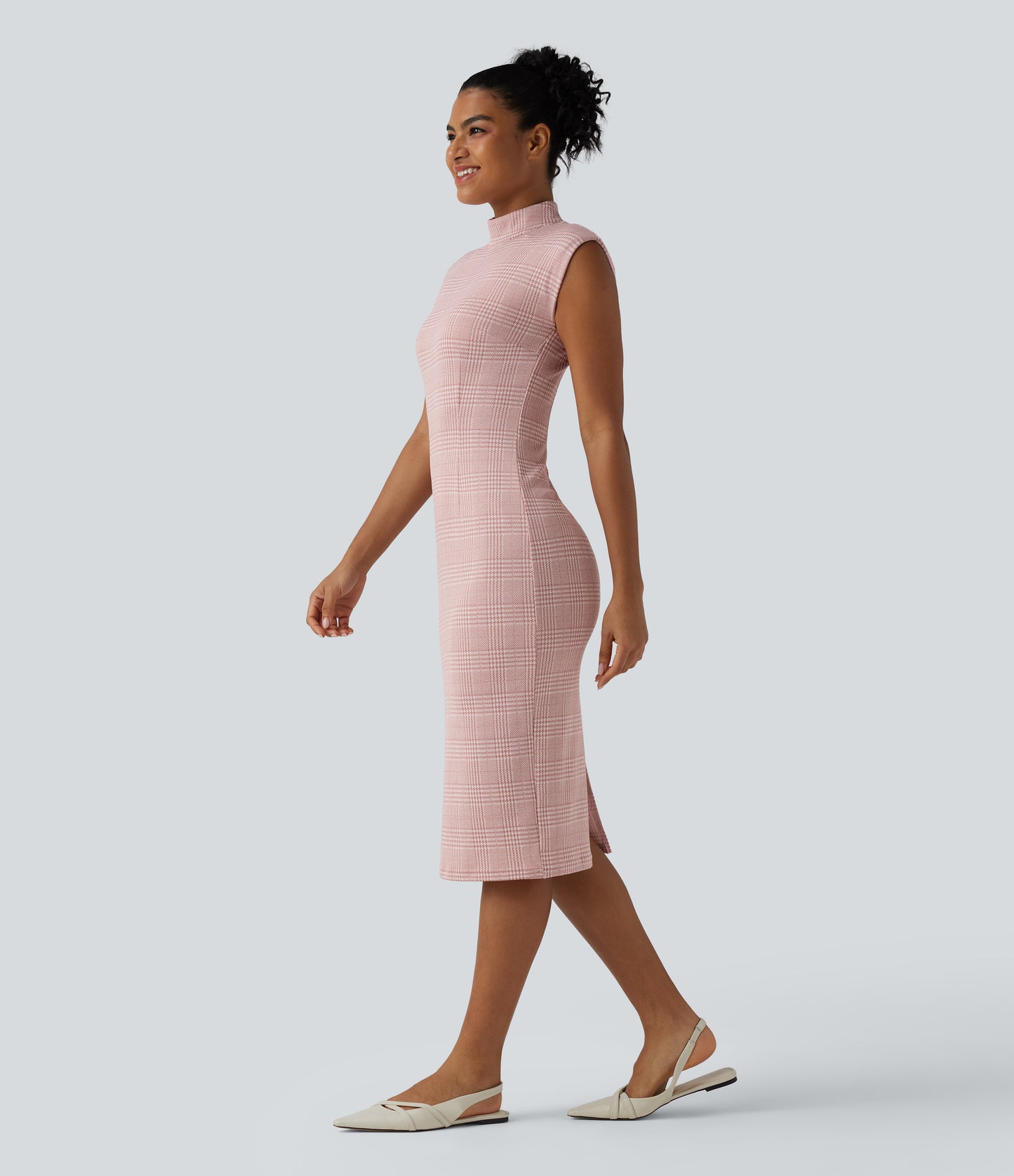 High Neck Sleeveless Bodycon Houndstooth Plaid Midi Work Dress