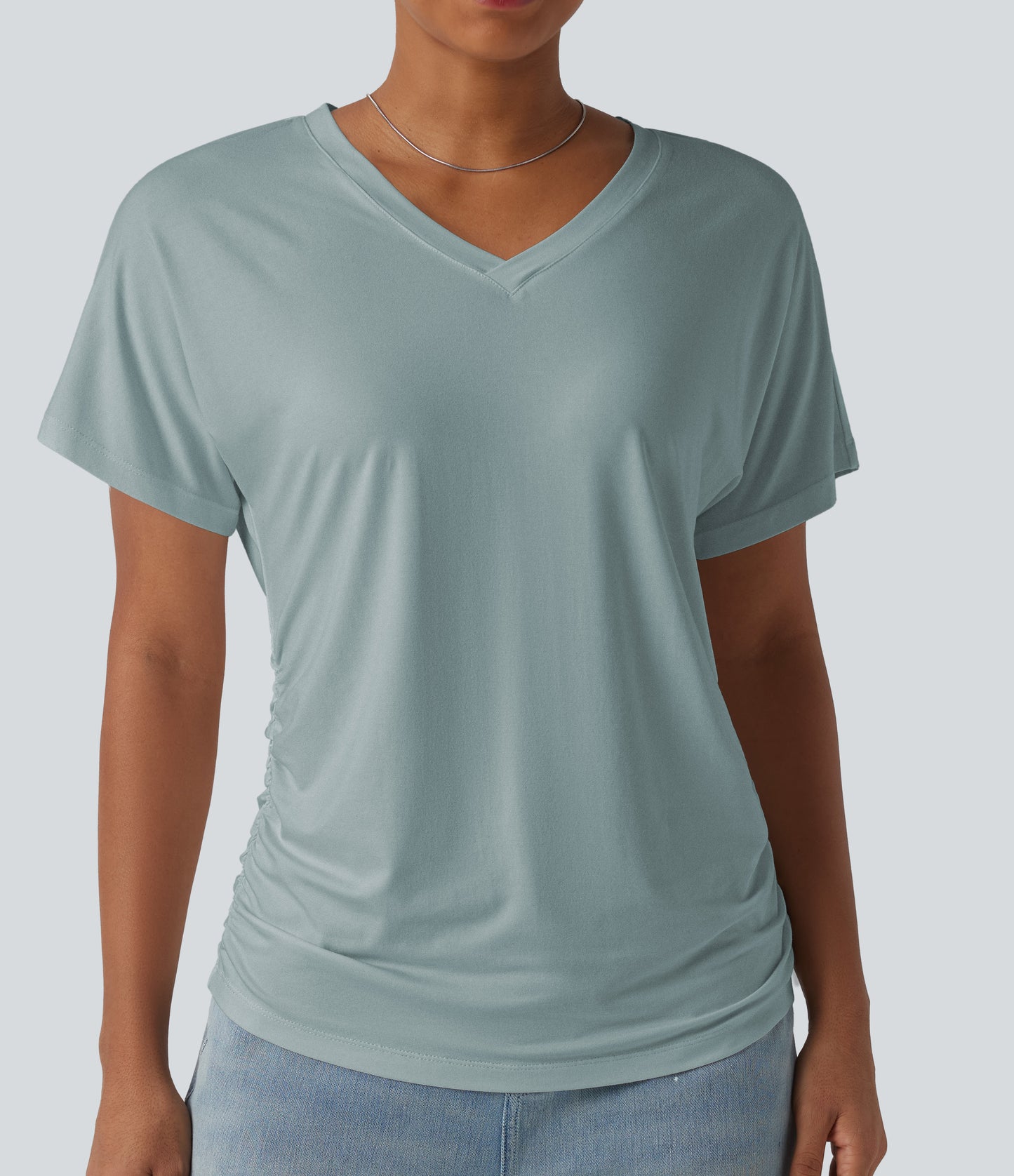 V-neck Short Sleeve Ruched Plain Casual T-Shirt