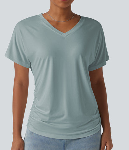 V-neck Short Sleeve Ruched Plain Casual T-Shirt