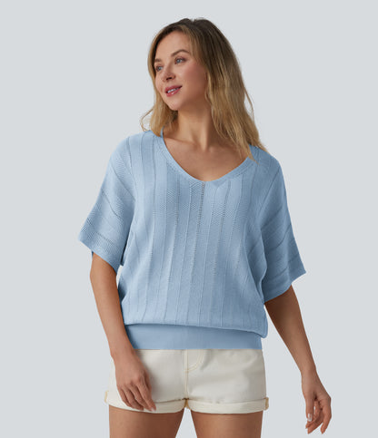 V Neck Short Sleeve Casual Sweater