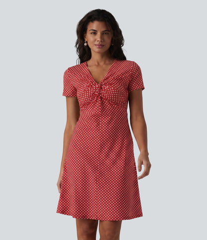 V Neck Short Sleeve Polka Dot Knee Length Casual Dress