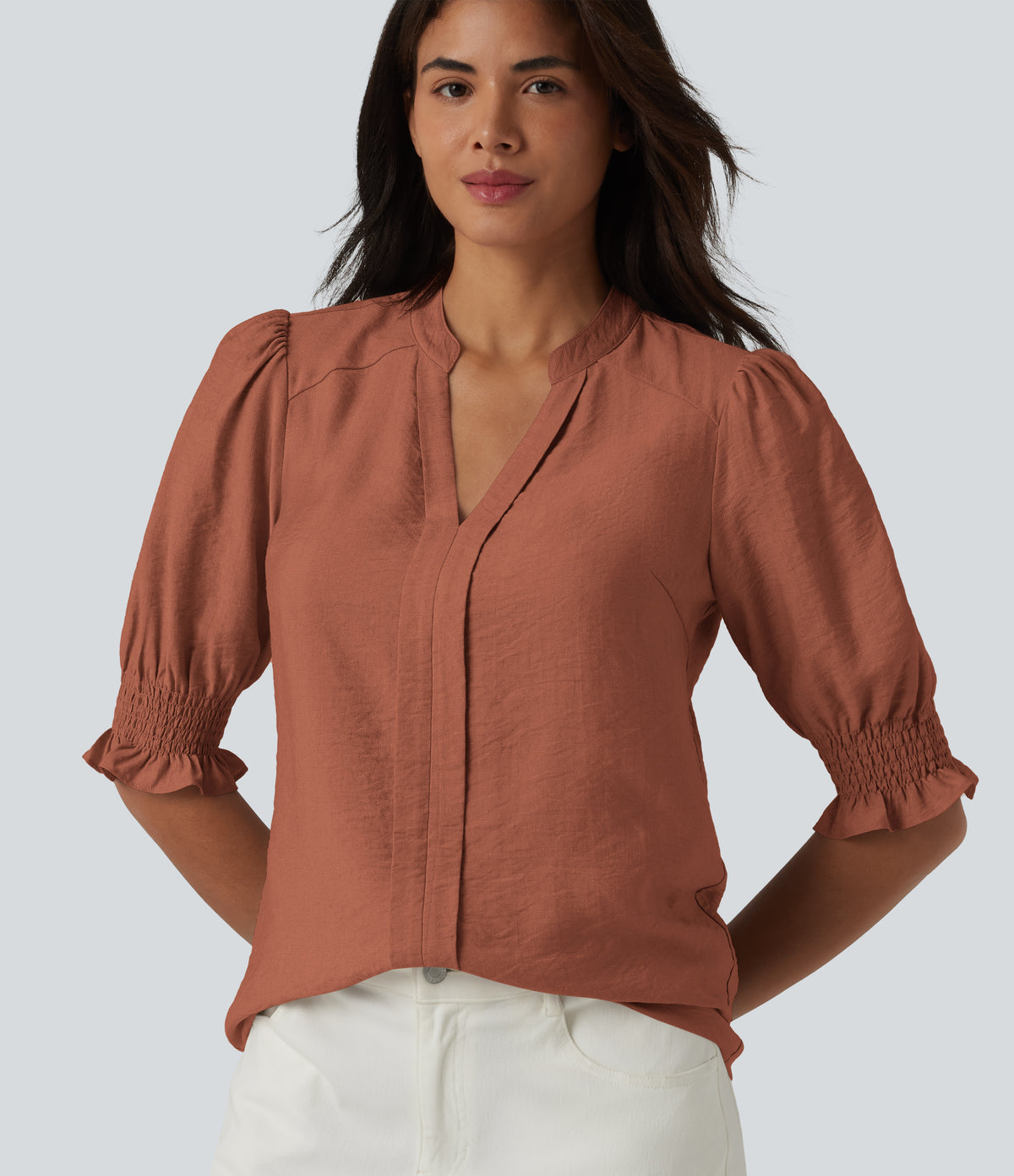 V Neck Puff Short Sleeve Casual Blouse