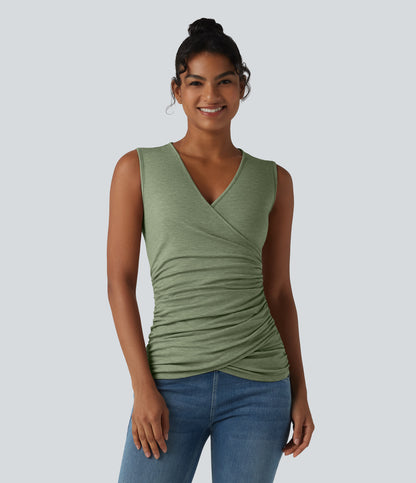 V Neck Crossvoer Ruched Casual Tank Top