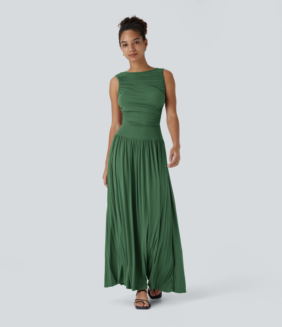 Ribbed Boat Neck Asymmetric Strap Ruched Pocket Flowy Maxi Casual Dress