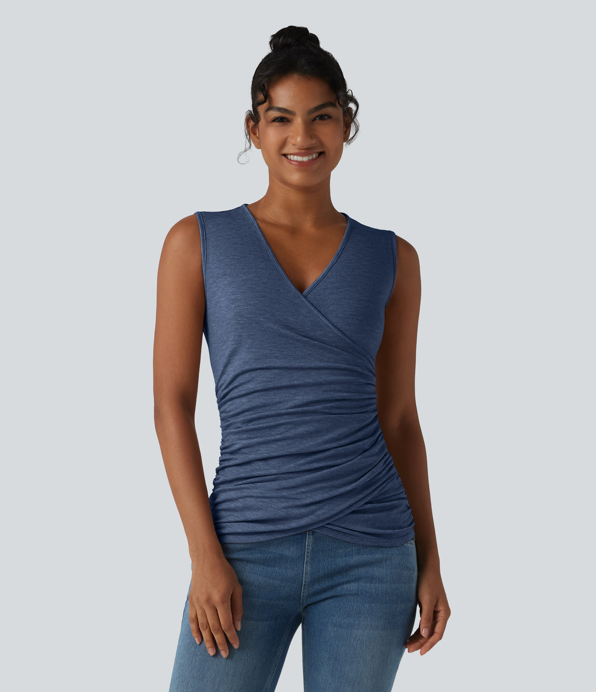 V Neck Crossvoer Ruched Casual Tank Top