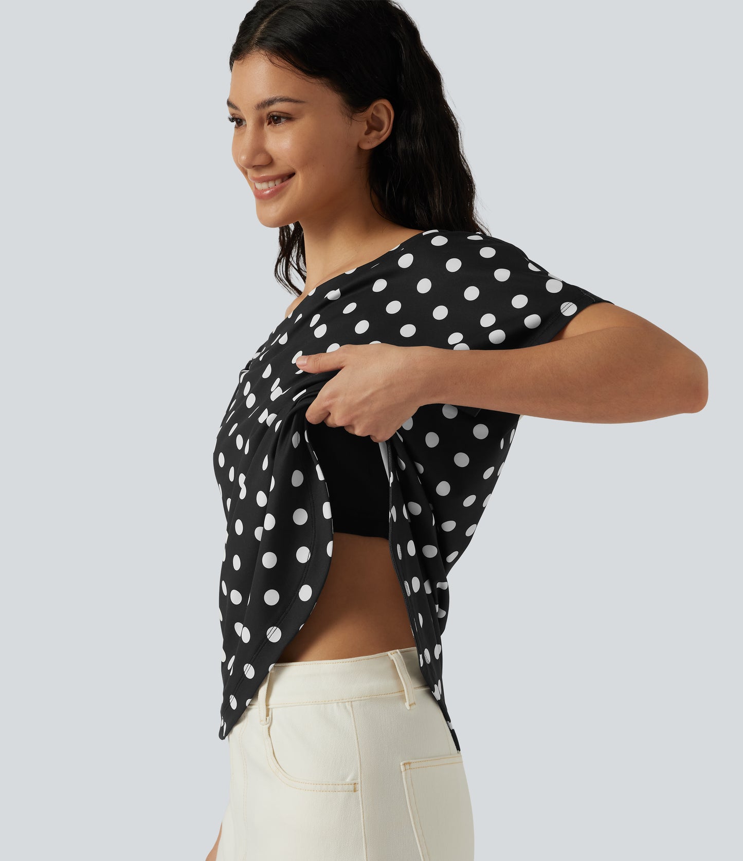One Shoulder Short Sleeve Curved Hem High Low Built-in Bra Polka Dot Casual Top