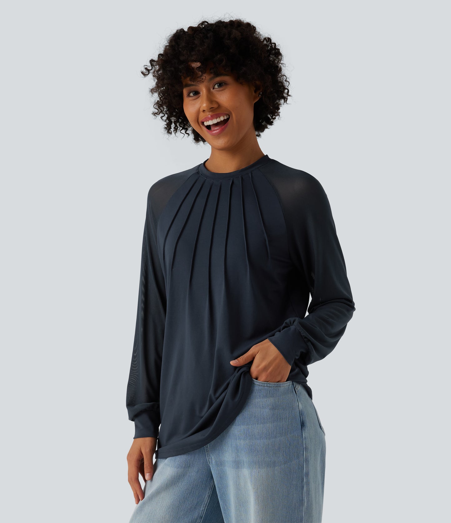 Round Neck Raglan Long Sleeve Contrast Mesh Casual Blouse