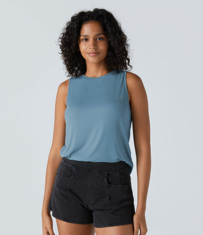 Ribbed Round Neck Basic Casual Tank Top