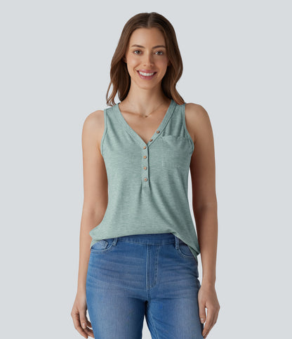 V Neck Sleeveless Decorative Casual Top