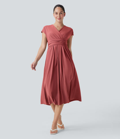 Breezeful™ V Neck Short Sleeve Pocket Tie Back Quick Dry Midi Casual Dress