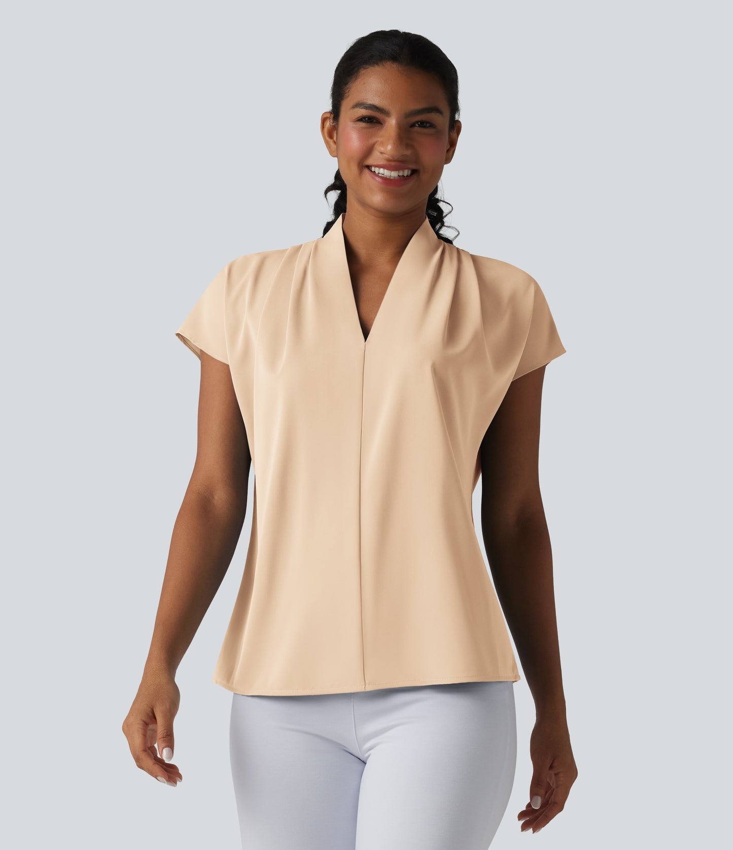 Wrinkle Recovery V-neck Batwing Sleeve Loose Fit Work Blouse
