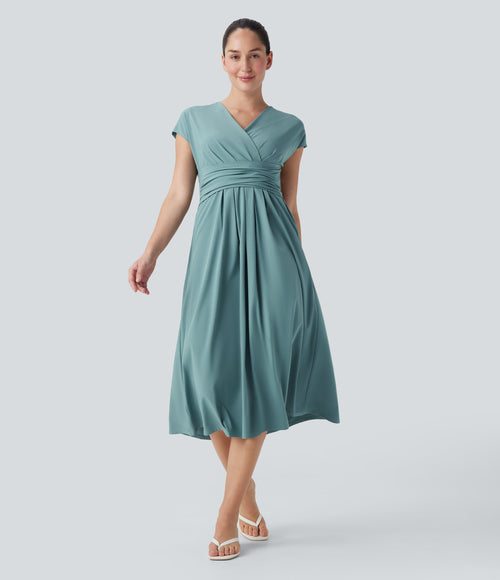 Breezeful™ V Neck Short Sleeve Pocket Tie Back Quick Dry Midi Casual Dress
