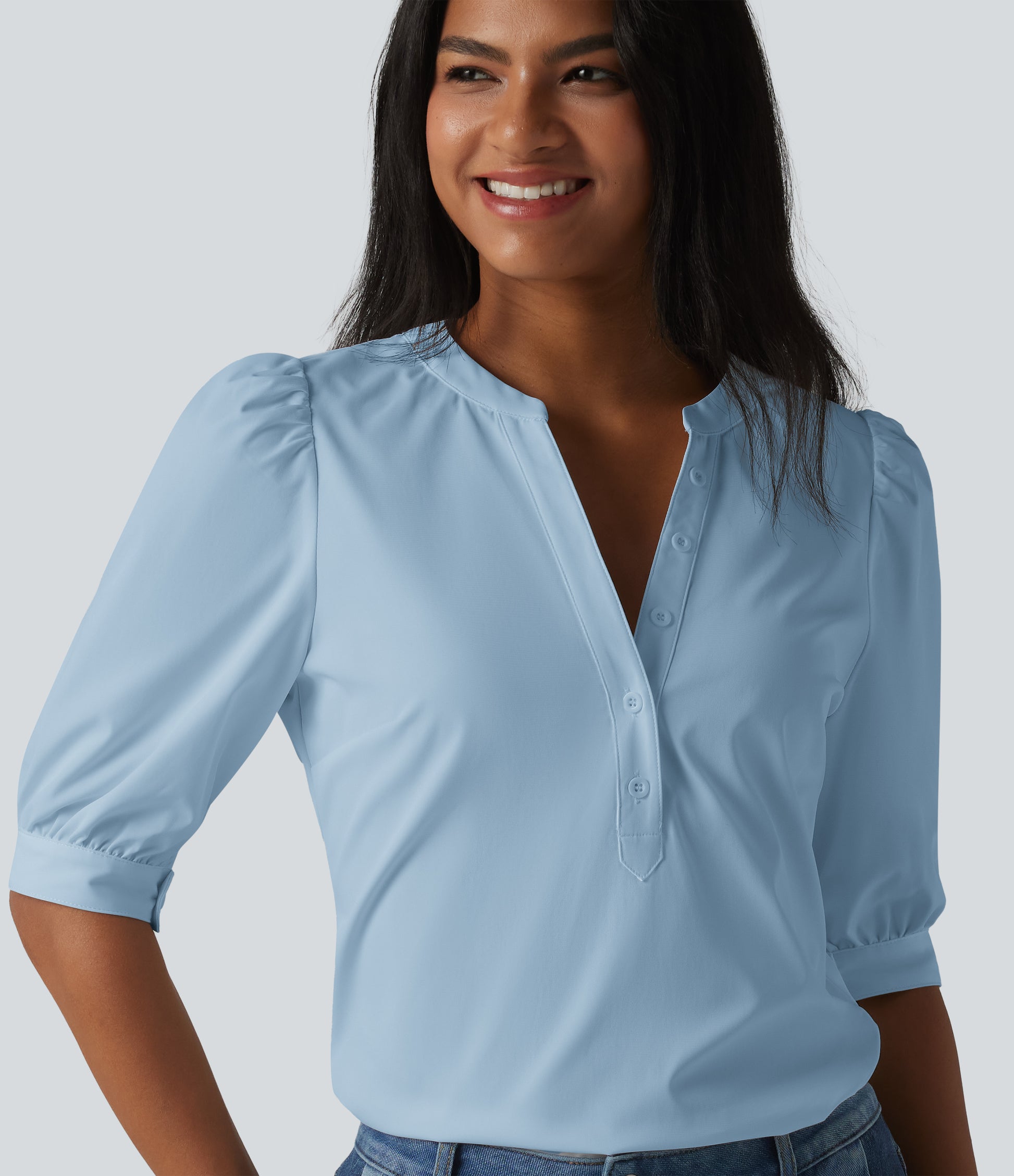 Henley Neck Puff Half Sleeve Casual Blouse