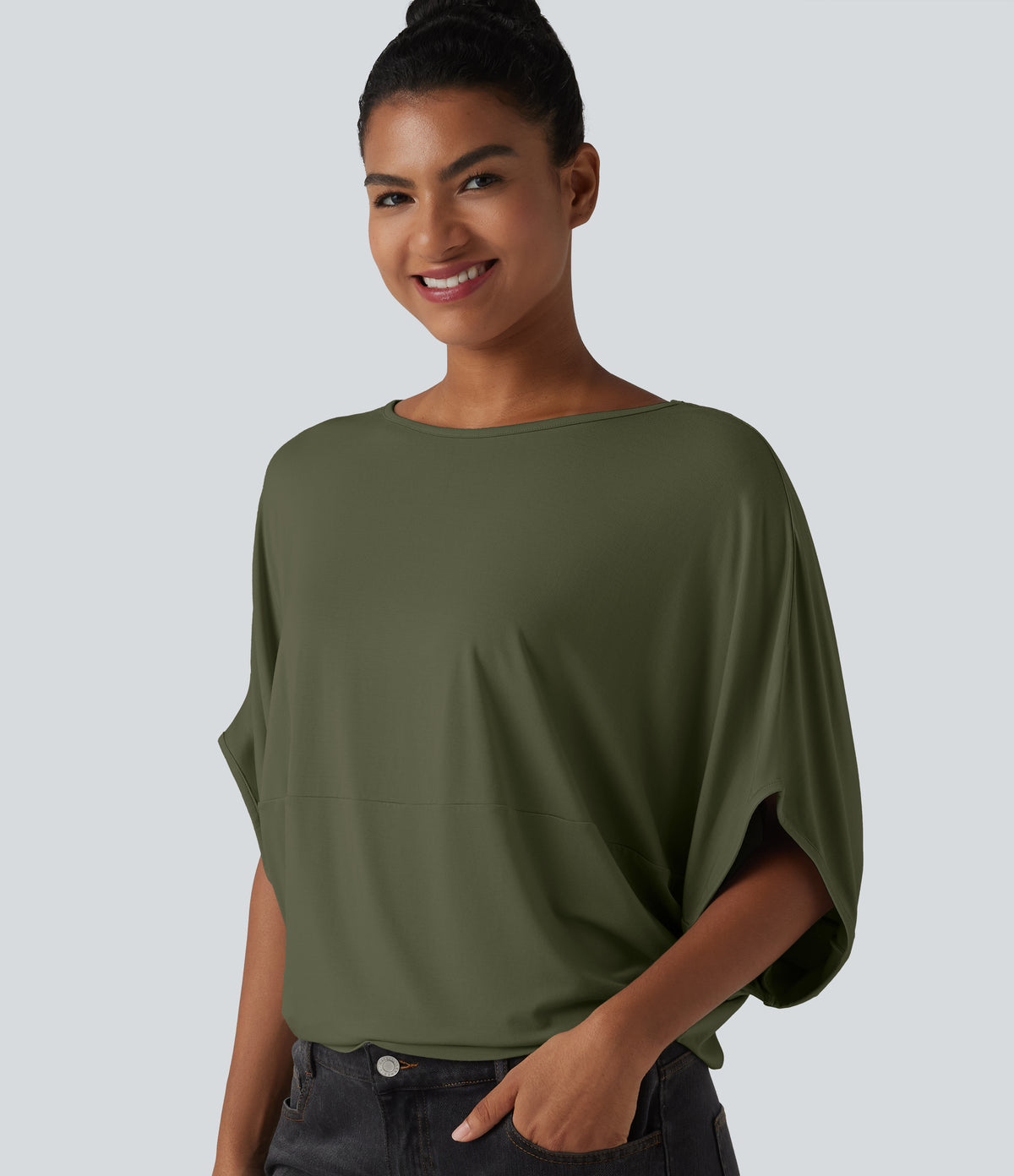 Round Neck Batwing Sleeve Relaxed Casual Top