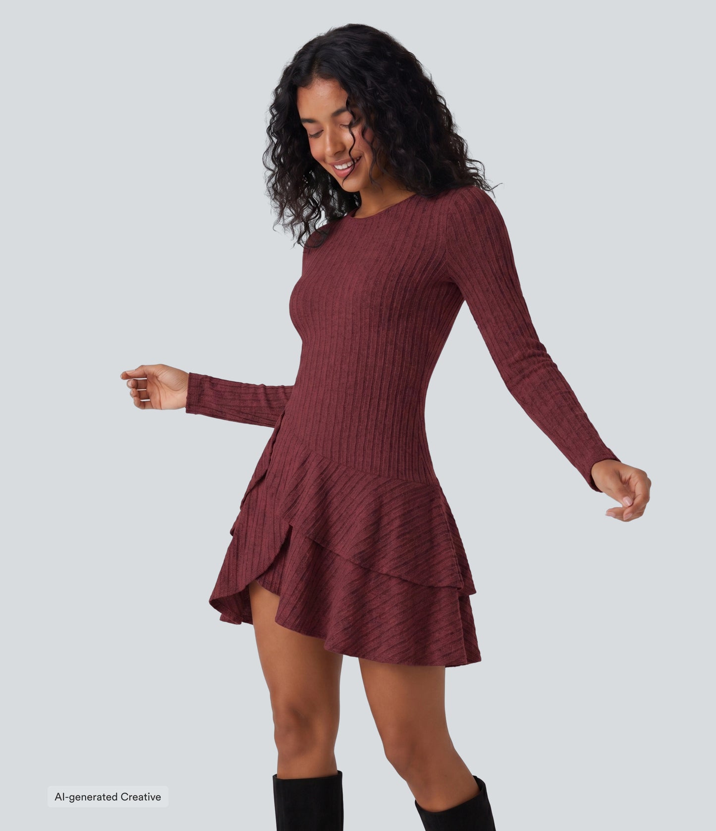 Ribbed Knit Round Neck Long Sleeve Layered Ruffle Hem Mini Casual Dress