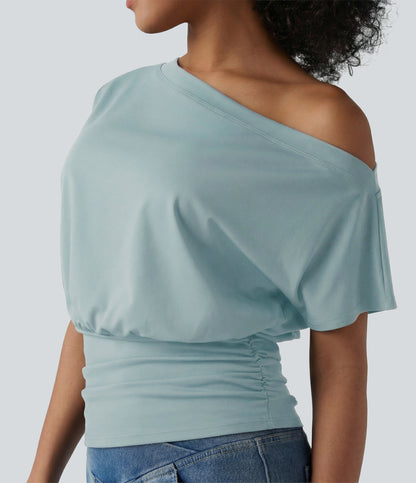 One Shoulder Short Sleeve Ruched Casual Top