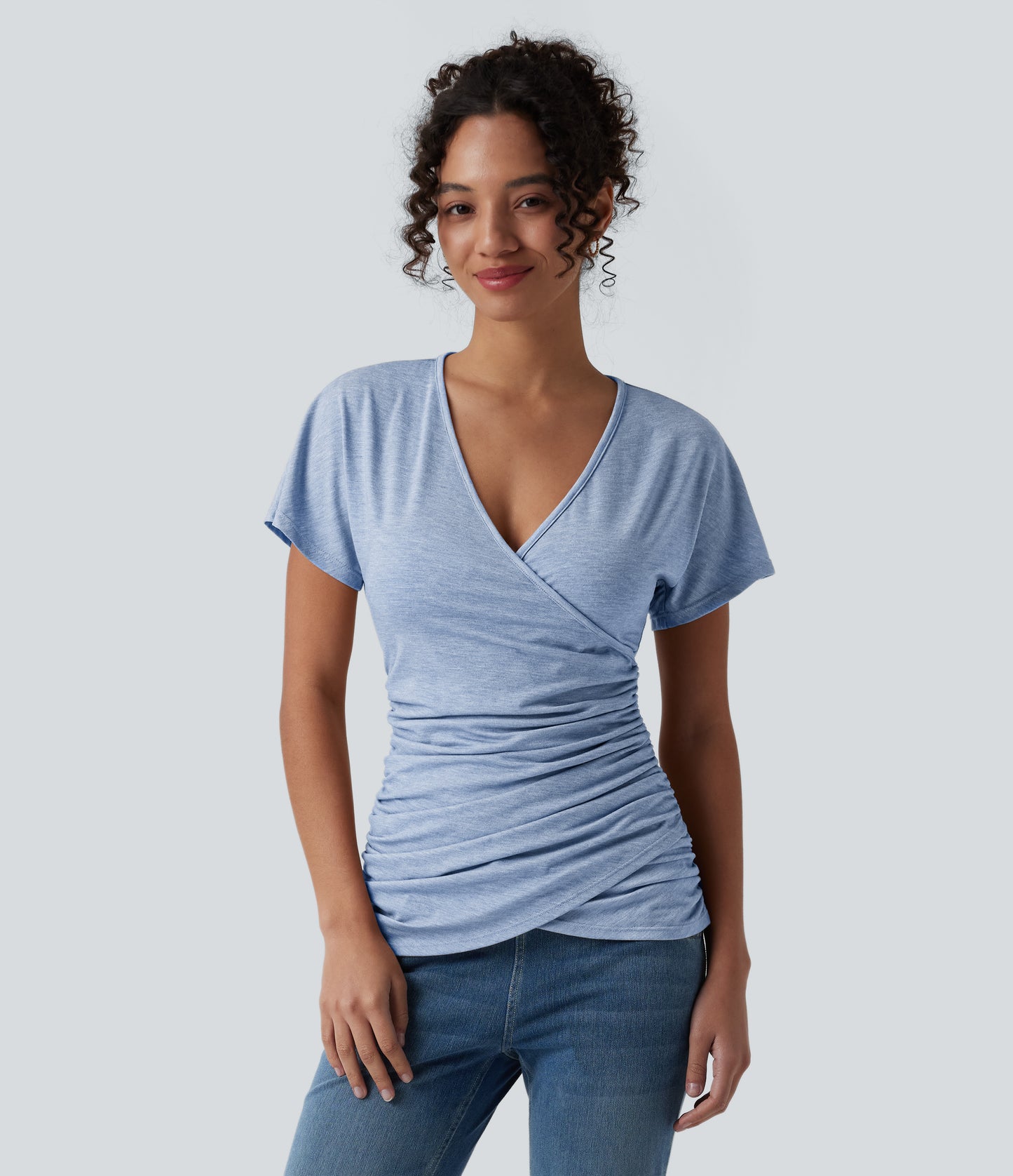 V Neck Short Sleeve Ruched Casual Top