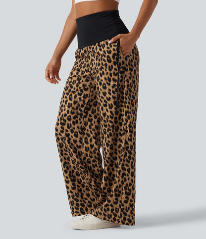 Foldover High Waisted Ruched Drawstring Baggy Leopard Print Casual Pants with Pockets