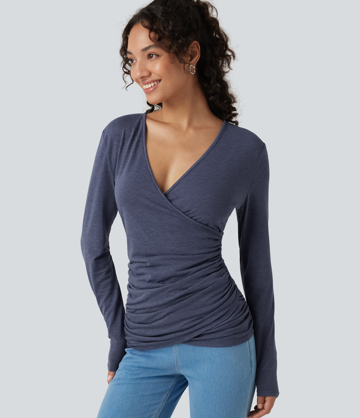V Neck Long Sleeve Ruched Casual Top