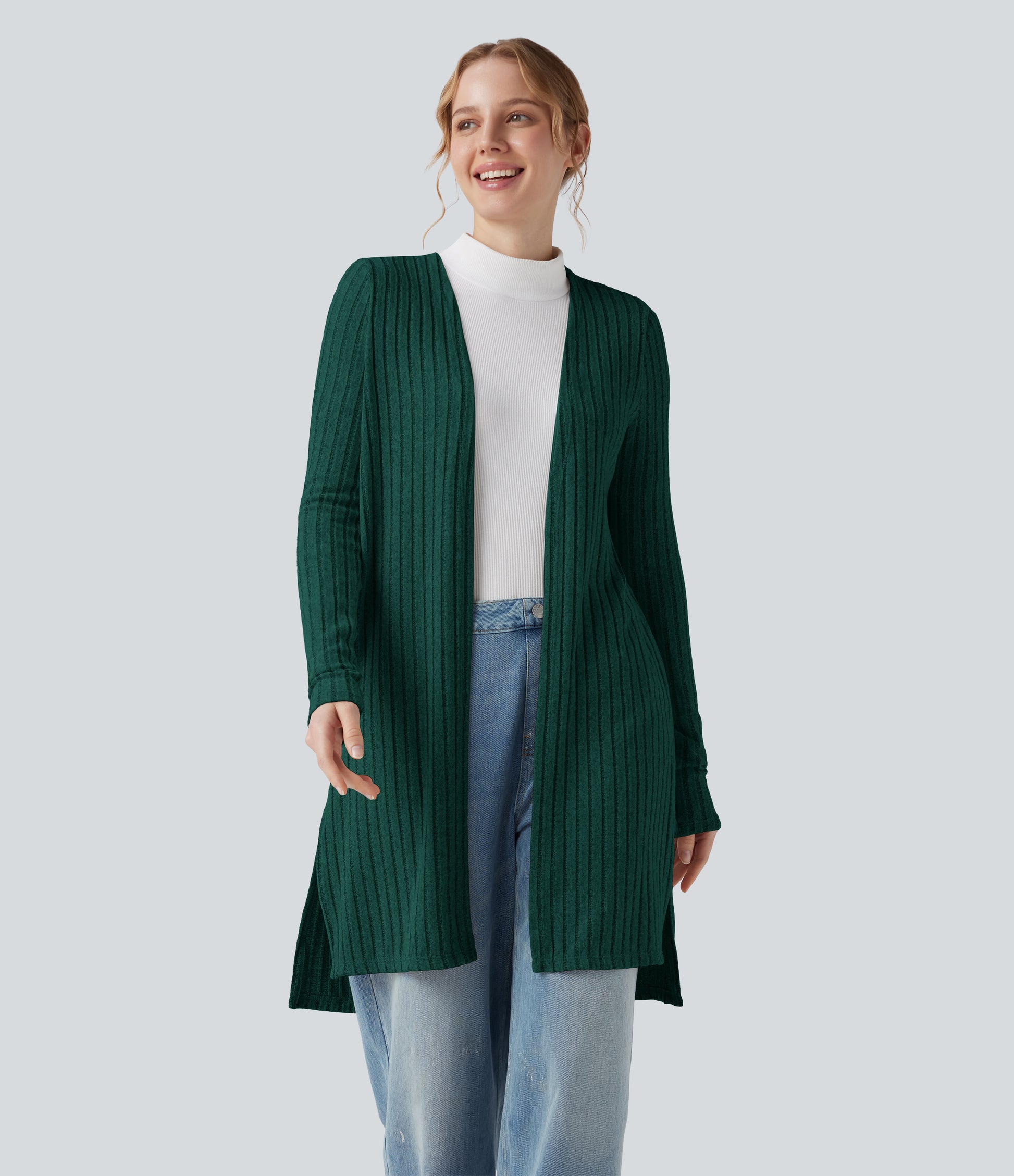 Ribbed Knit Long Sleeve Split Casual Cardigan
