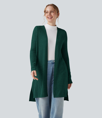 Ribbed Knit Long Sleeve Split Casual Cardigan