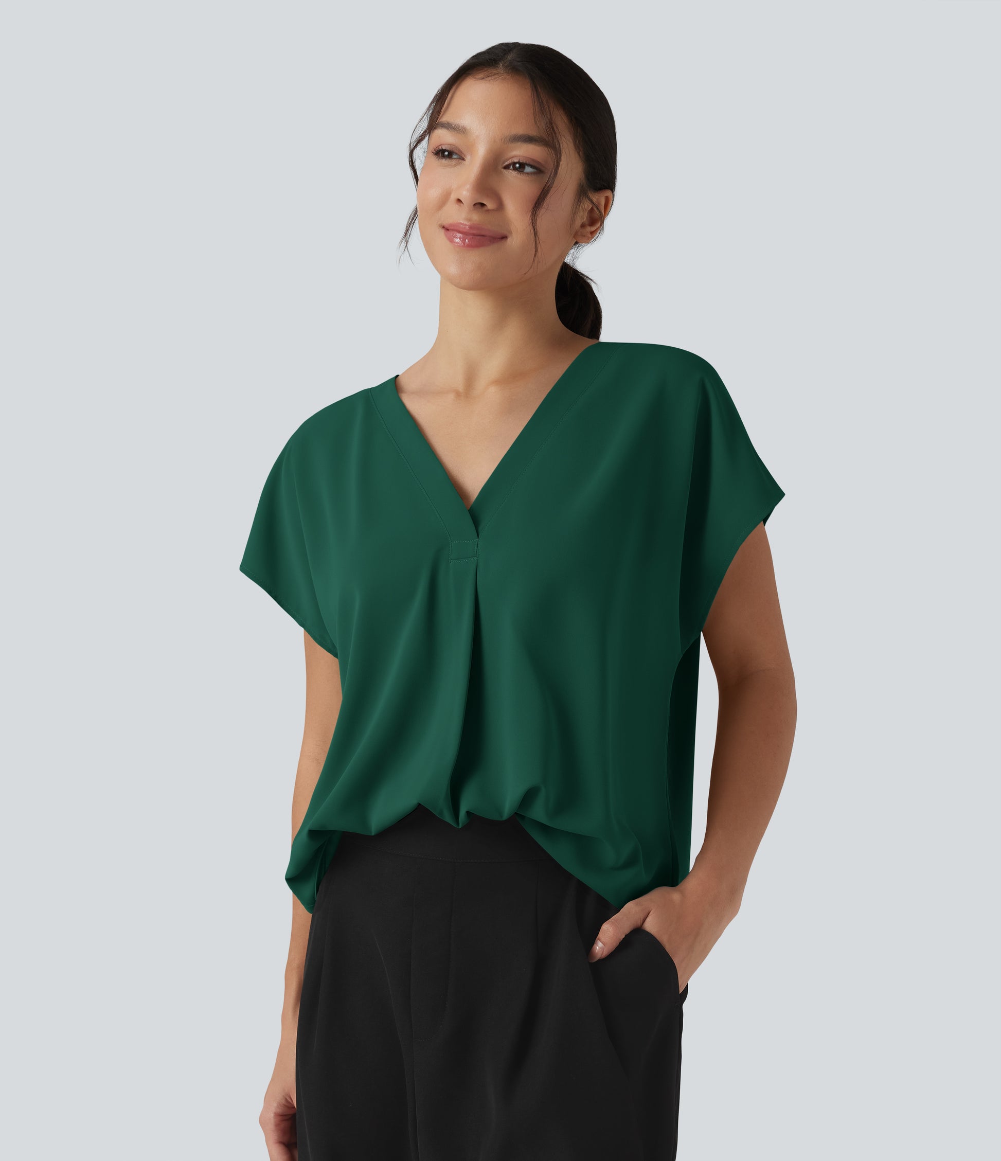 Wrinkle Recovery V-neck Short Sleeve Oversized Work Blouse