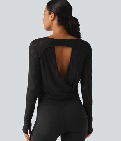 Cut Out Long Sleeve Thumb Hole Ruched Lace Yoga Sports Top