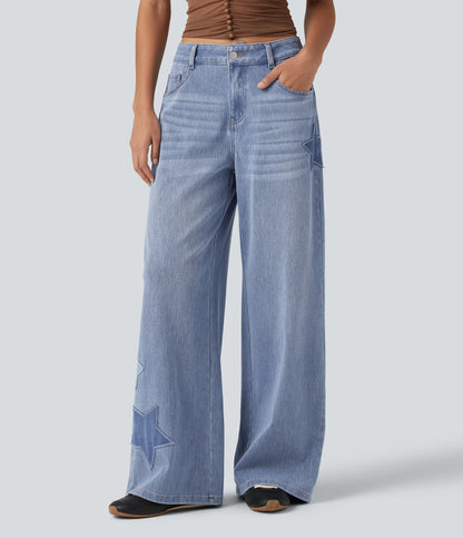 Flex™ High Waisted Baggy Embroidery Casual Jeans with Pockets