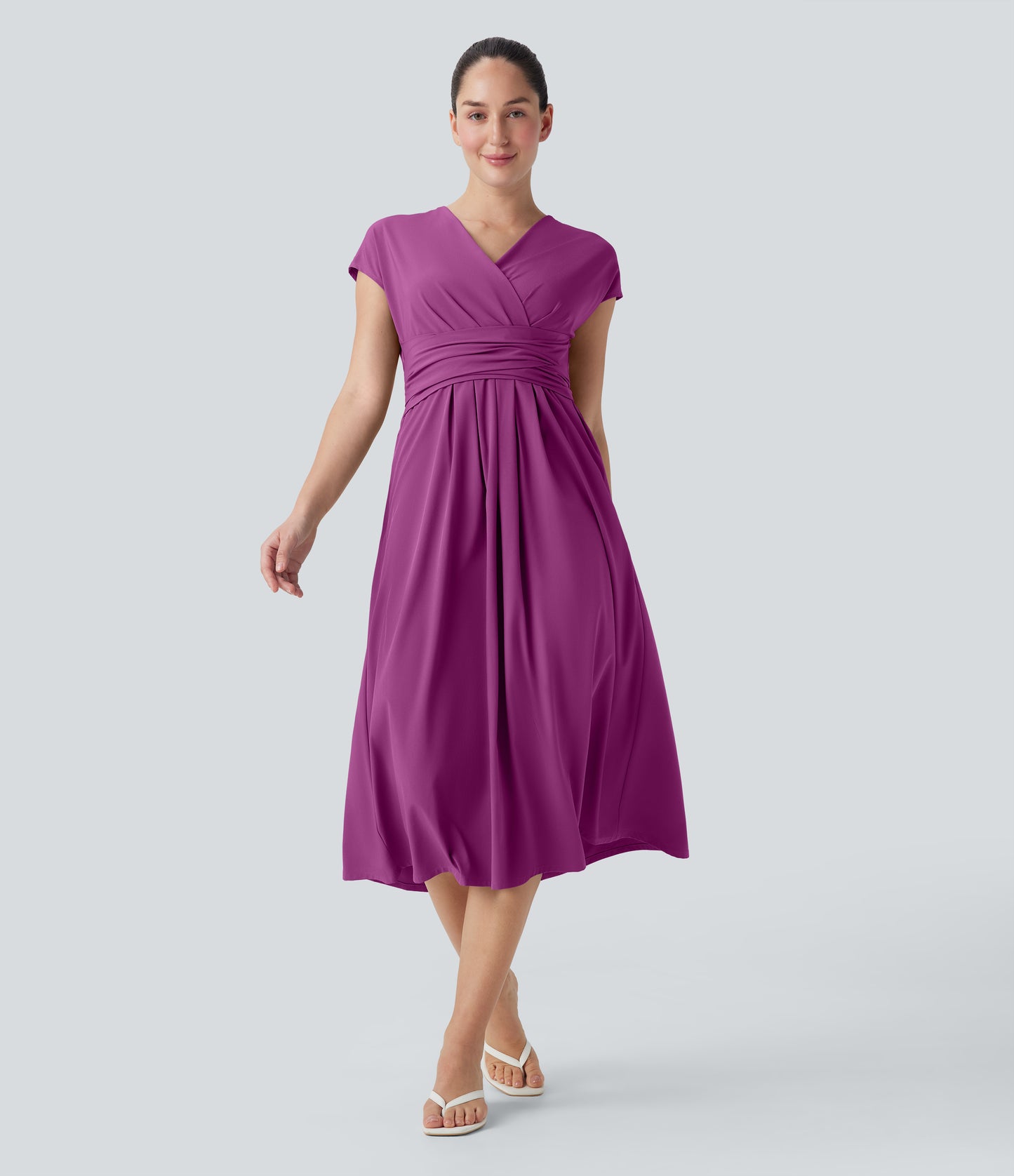 Breezeful™ V Neck Short Sleeve Pocket Tie Back Quick Dry Midi Casual Dress