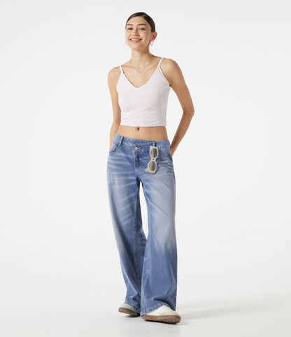 Halara Flex™ Asymmetric Low Rise Baggy Washed Casual Jeans with Pockets