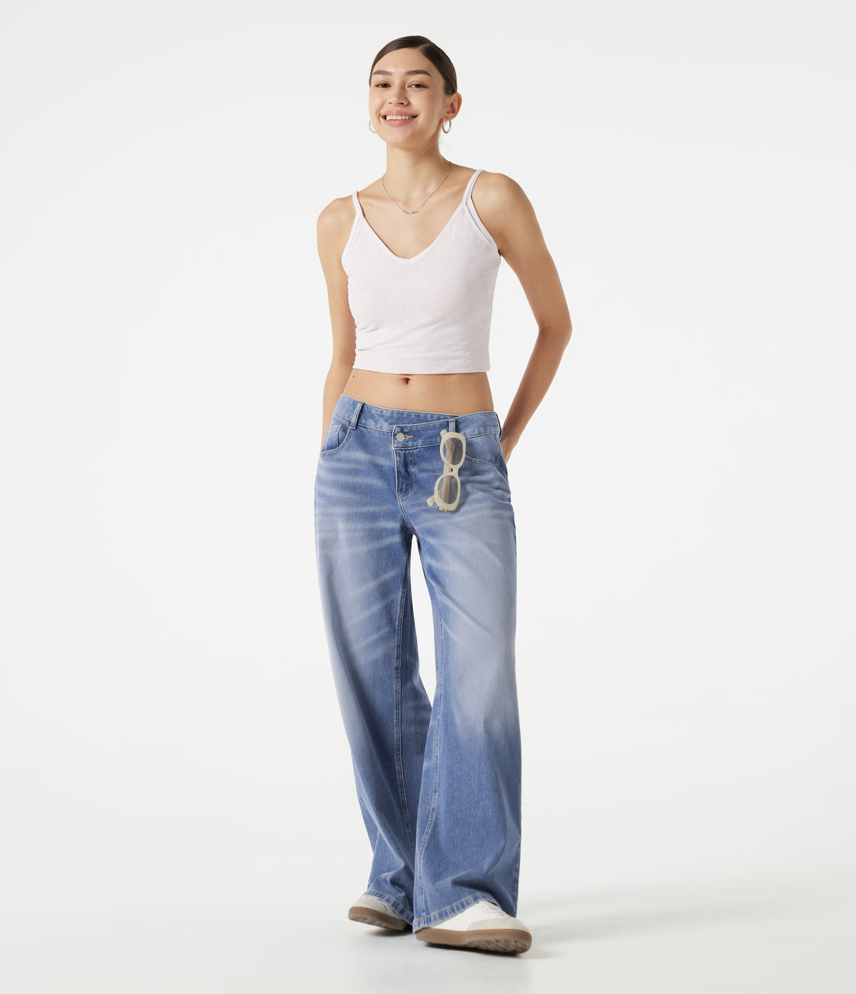 Flex™ Asymmetric Low Rise Baggy Washed Casual Jeans with Pockets