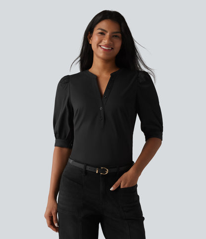 Henley Neck Puff Half Sleeve Casual Blouse