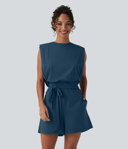 Round Neck Sleeveless Tie-front Cool Touch Casual Romper with Pockets-Easy Peezy-UPF50+