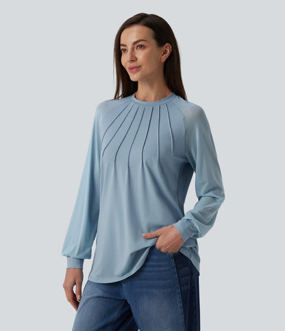 Round Neck Raglan Long Sleeve Contrast Mesh Casual Blouse