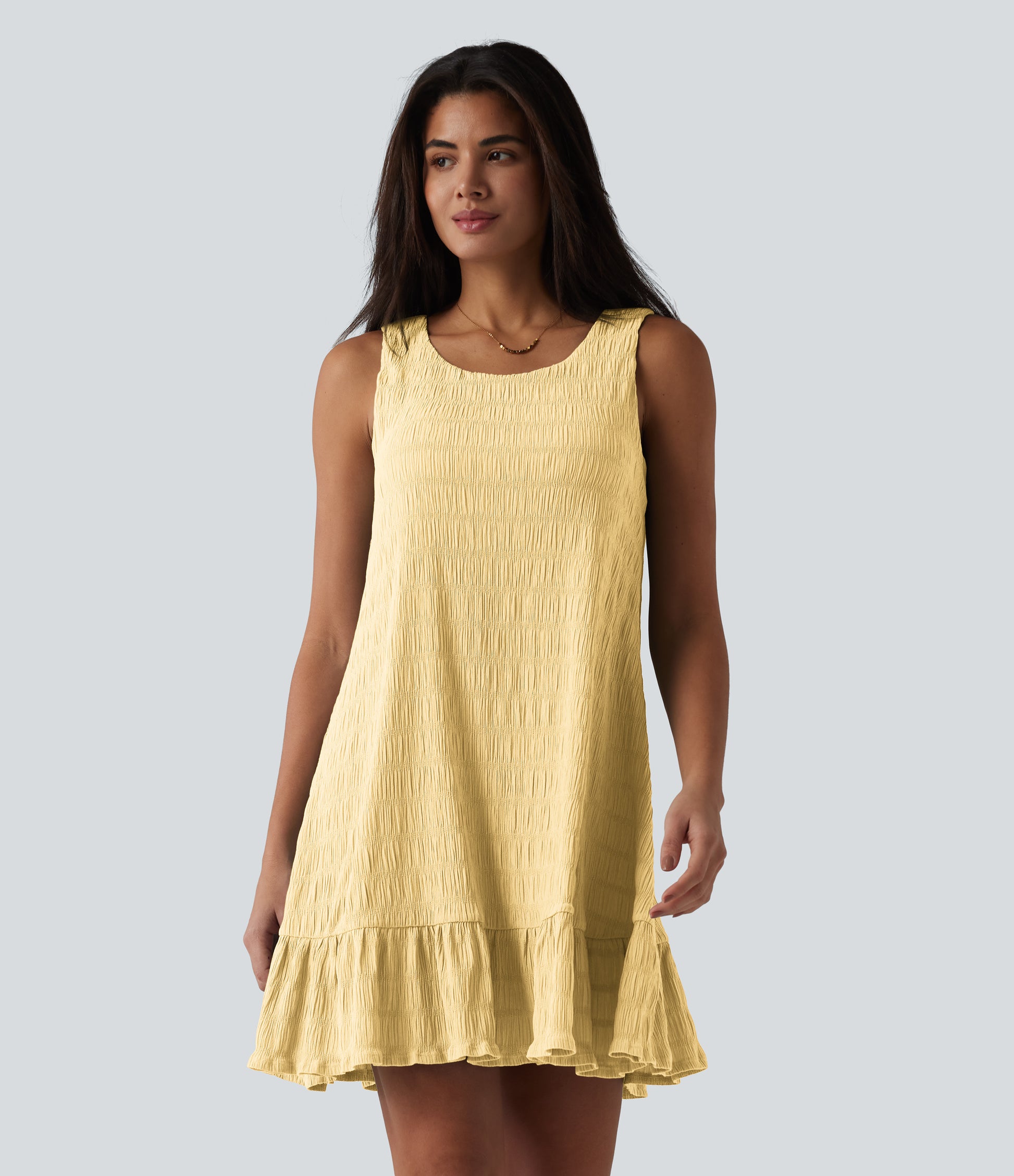 Round Neck Built-in Bra Sleeveless Ruffle Hem Mini Casual Dress