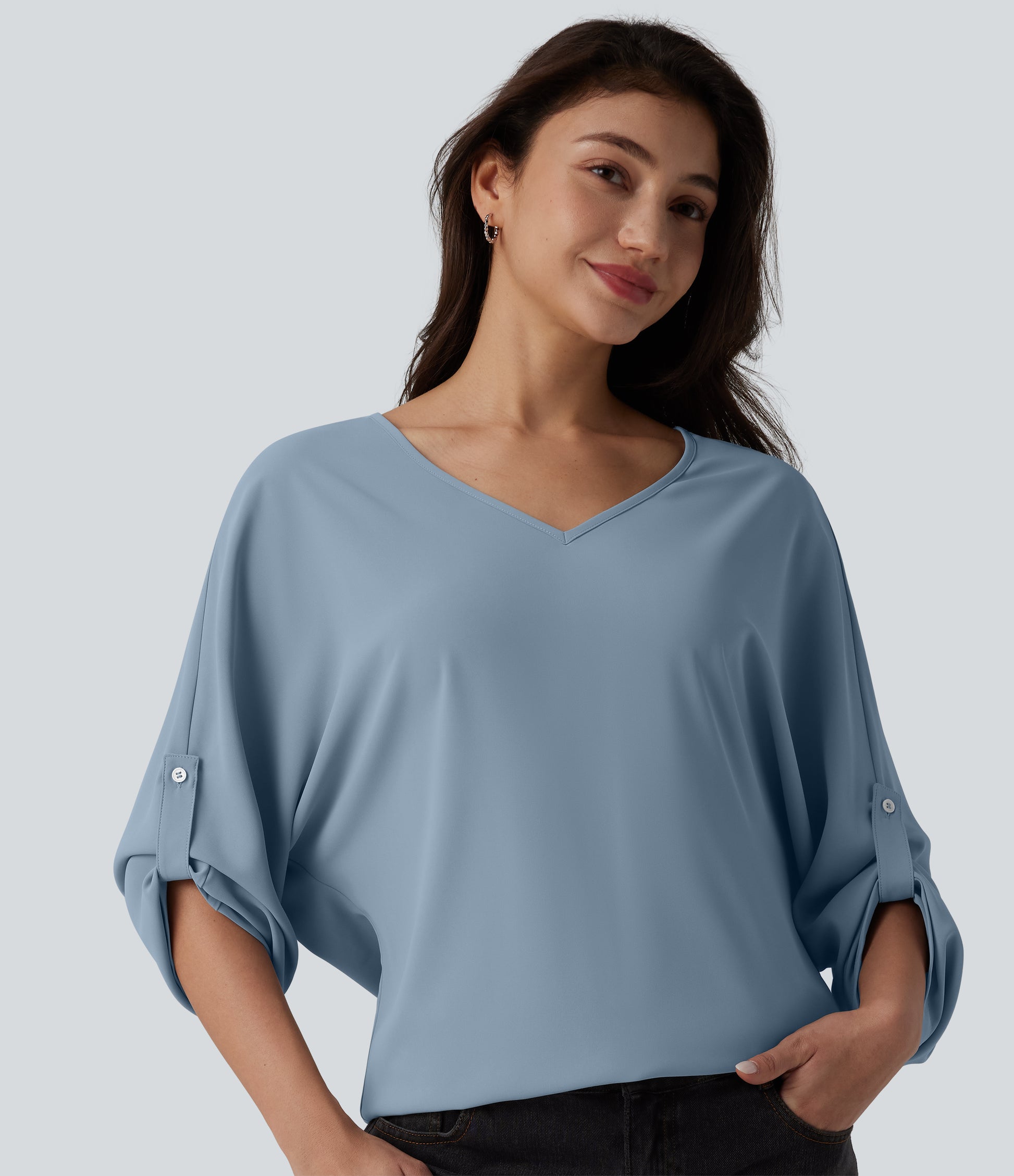 Wrinkle Recovery V Neck Long Sleeve Work Blouse