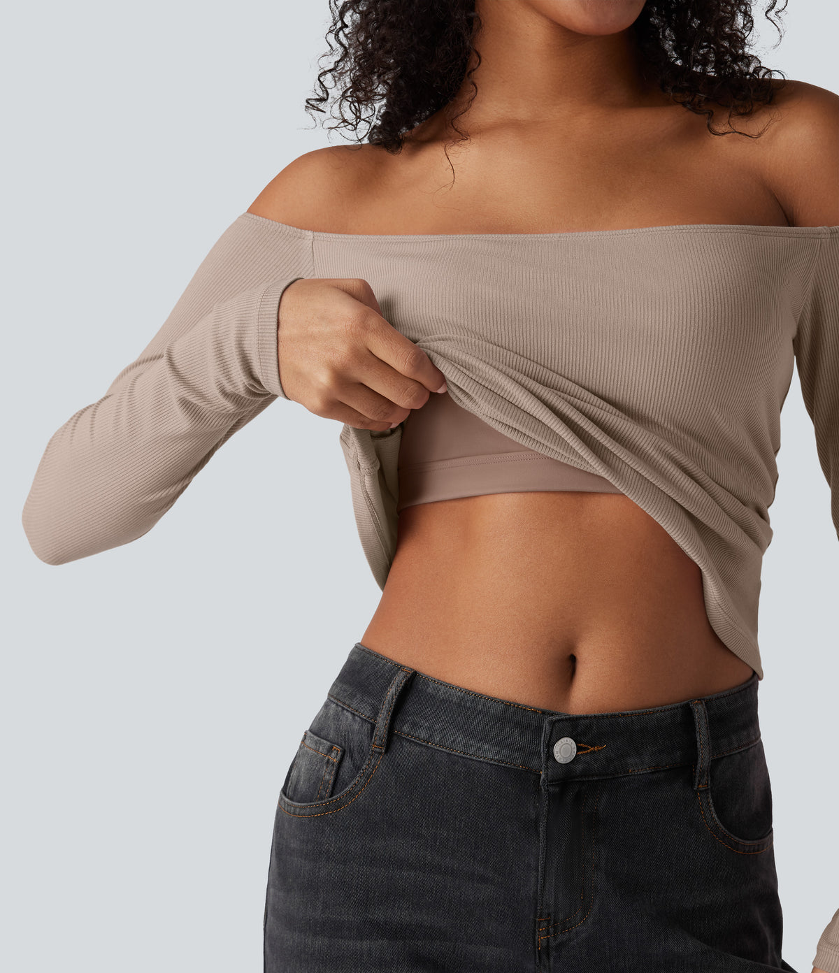 Ribbed Knit Off Shoulder Long Sleeve 2-in-1 Casual Top
